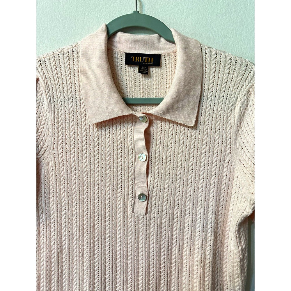 TRUTH By Republic Womens Short Sleeve Cable Knit Polo Sweater Pink Size S Pearl